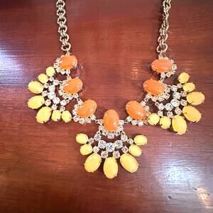 J Crew Statement Necklace 19" - 22" Long Orange Gold Yellow CZ Cabachon Jewelry